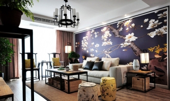 145平新中式超大手繪沙發背景墻設計